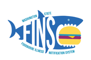 Logo for the Washington State Foodborne Illness Notification System (FINS), featuring a blue fish with the word “FINS” and a hamburger icon inside the fish